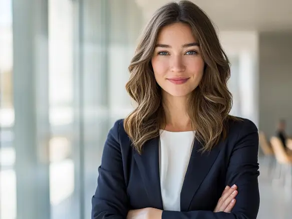 Femme d’affaires professionnelle souriante dans un bureau moderne, représentant la fiabilité et l’expertise de Gaia Sex Tech au Canada.
