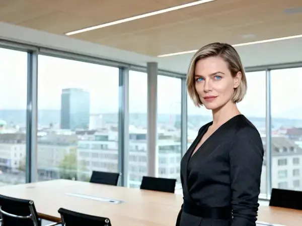 Geschäftsfrau in modernem Sitzungszimmer mit Blick über Zürich – Symbolbild für B2B-Beratung und Kontakt mit Gaia Sex Tech Schweiz.