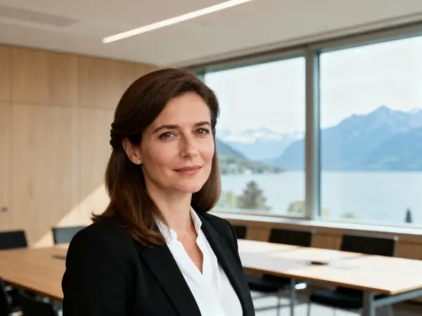 Cheffe d’entreprise suisse en tailleur dans une salle de réunion lumineuse avec vue sur le lac et les montagnes, représentant les partenaires B2B de Gaia Sex Tech en Suisse.