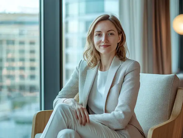 Profesionální žena sedící v moderní kanceláři s klidným a sebevědomým úsměvem.