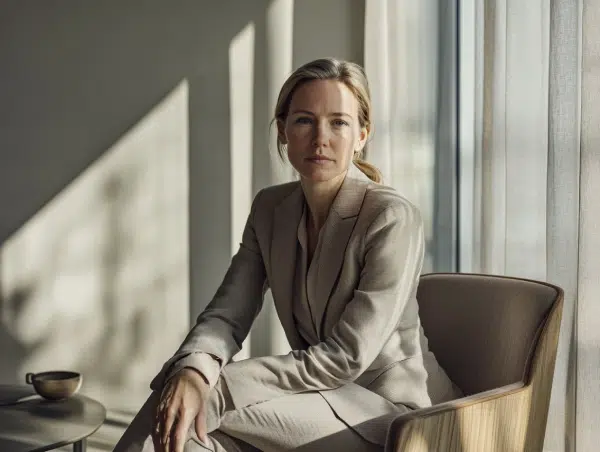 Professionel kvinde i beige jakkesæt sidder i en moderne stol ved vinduet og ser roligt mod kameraet i naturligt lys.