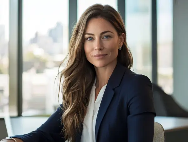 Confident businesswoman sitting in a modern office with city views in the background.
