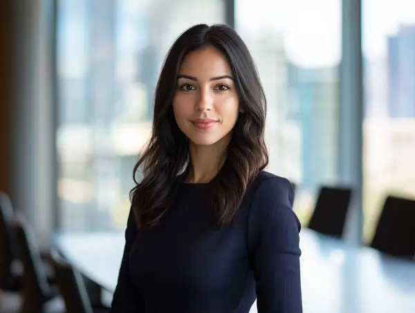 Confident female professional standing in a modern conference room, representing Gaia Sex Tech’s customer support and business partnership services.