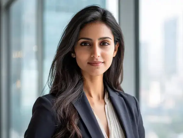 Confident Indian businesswoman in a modern office setting, symbolizing Gaia Sex Tech’s professional support for OEM/ODM partnerships in India.