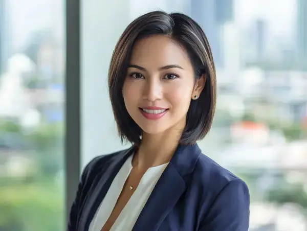 Professional Asian businesswoman smiling warmly in a bright modern office, representing reliable customer service for brands in the Philippines.