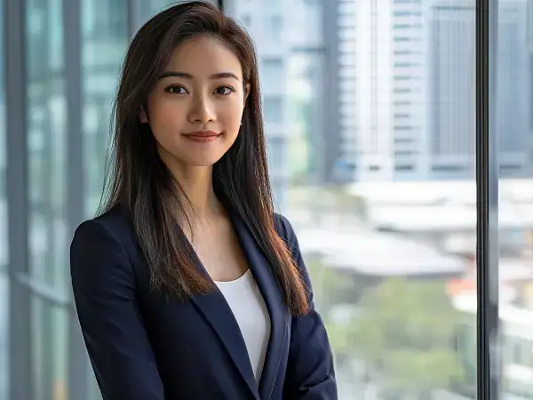 Businesswoman in blazer standing by window, showing the Gaia Sex Tech contact team ready to help Singapore brands grow.
