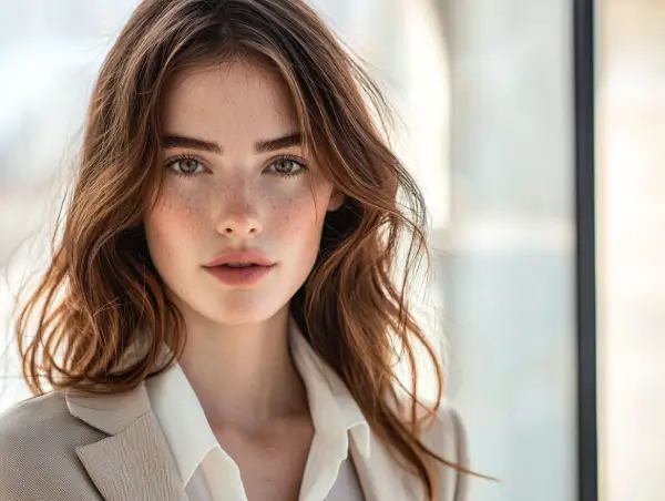 Mujer argentina con look profesional y expresión serena en un entorno luminoso.
