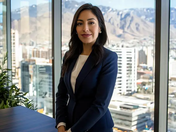 Ejecutiva en oficina moderna con vista a la ciudad, representando al equipo B2B de Gaia Sex Tech listo para apoyar a marcas chilenas.