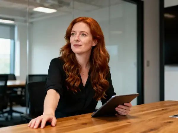 Irish businesswoman with tablet in a modern meeting room – contact Gaia Sex Tech, your B2B sex toy manufacturing partner in Ireland