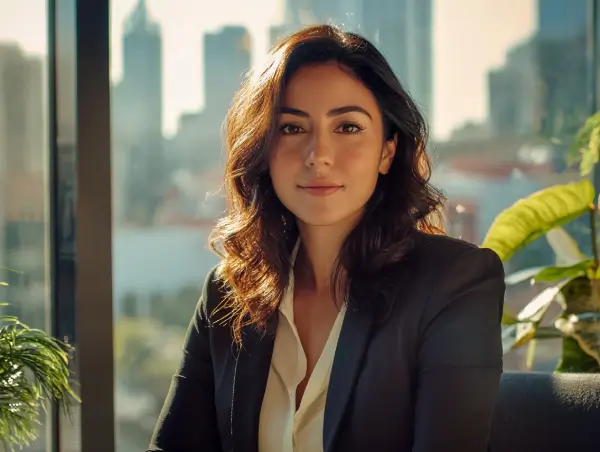 Mujer mexicana joven con traje formal sonriendo en una oficina moderna con luz natural y vista urbana al fondo.