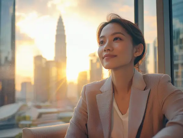 Seorang wanita muda berpenampilan profesional duduk di pejabat moden dengan latar belakang Menara Berkembar Petronas dan cahaya matahari terbenam yang hangat.