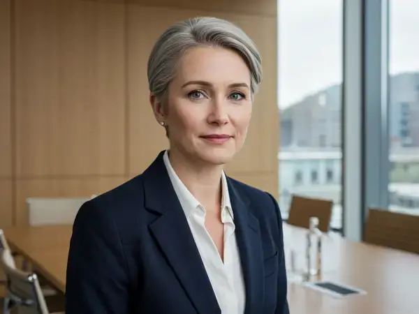 Portrett av en profesjonell forretningskvinne i møterom med utsikt over byen, som symboliserer trygg og seriøs B2B-rådgivning.