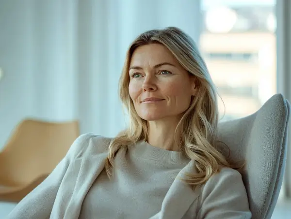 Leende kvinna sitter avslappnat i en ljus och modern miljö