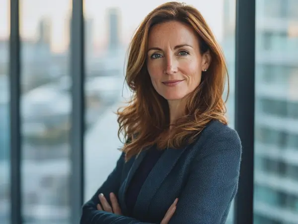 Professional British businesswoman standing confidently in a modern office, representing reliable partnership and expertise.