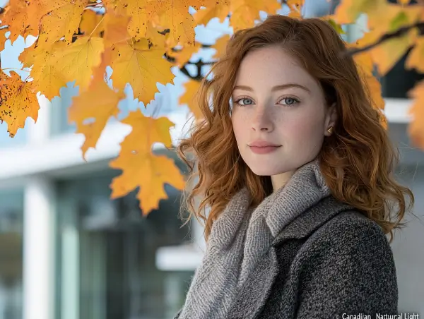 Confident Canadian businesswoman with red curly hair standing outdoors in autumn, wearing a grey coat and scarf, representing Gaia Sex Tech’s professional brand image.