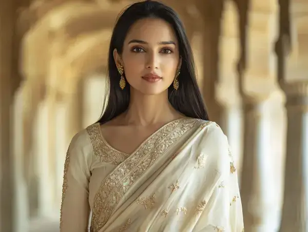 Indian woman in elegant traditional attire standing in a heritage-style corridor, representing Gaia Sex Tech’s focus on female-centered design for the Indian market.