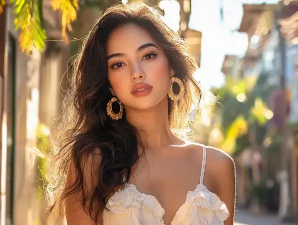 Beautiful Filipina woman in warm natural light, showcasing confidence and elegance in a charming outdoor setting.