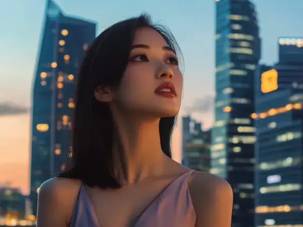 Young woman in a city rooftop scene with modern Singapore skyscrapers, representing Gaia Sex Tech’s vision for better female pleasure tech.