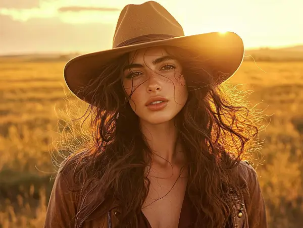 Mujer argentina con sombrero de estilo gaucho en un campo dorado al atardecer.