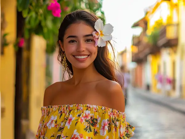 Joven colombiana sonriendo en una calle colorida, con vestido floral amarillo y una flor blanca en el cabello.