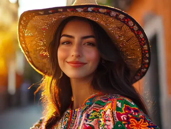 Mujer mexicana con sombrero tradicional y vestido colorido sonriendo bajo la luz del atardecer en una calle típica.