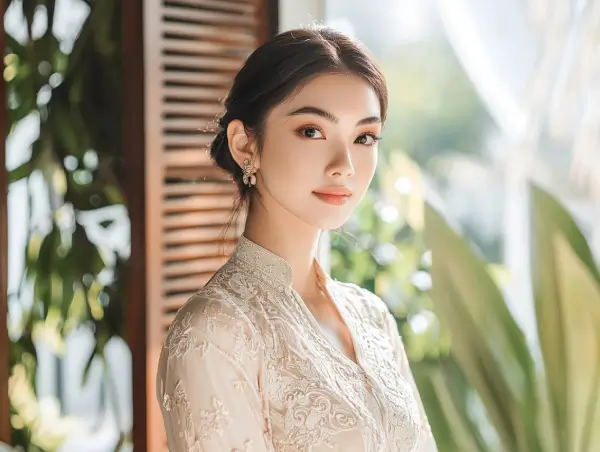 Seorang wanita muda berpakaian tradisional moden Malaysia dengan corak sulaman halus, berdiri di tepi tingkap dengan cahaya semula jadi dan latar belakang hijau tropika.