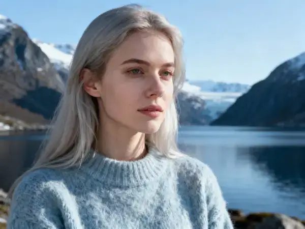 Portrett av ung kvinne ved norsk fjord med snødekte fjell i bakgrunnen, som uttrykker ro, styrke og fokus på kvinnelig velvære.