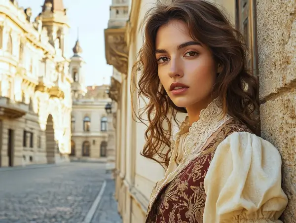 Tânără femeie într-o stradă istorică din România, purtând o ținută vintage cu detalii elegante.