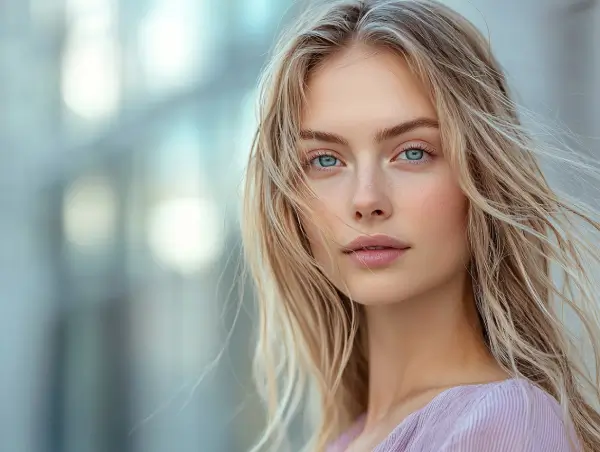 Porträtt av en ung kvinna med blont hår och blå ögon i naturligt ljus
