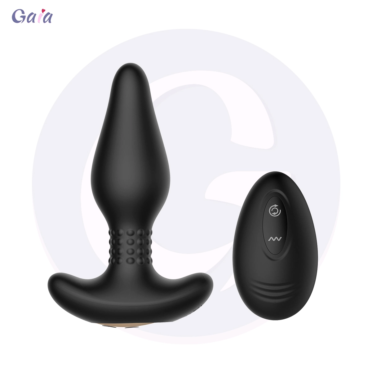 GA1116 Plug anal vibrador de silicona con cuello texturizado y base acampanada, negro, con mando a distancia.