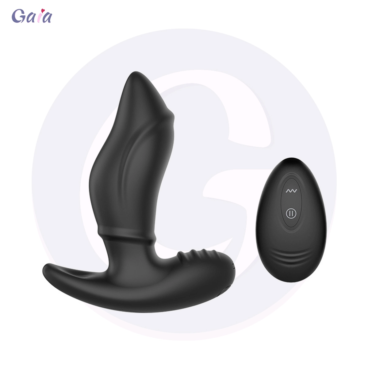 GA1170 vibrating silicone anal plug with curved tip, flared base and remote control, black, side view