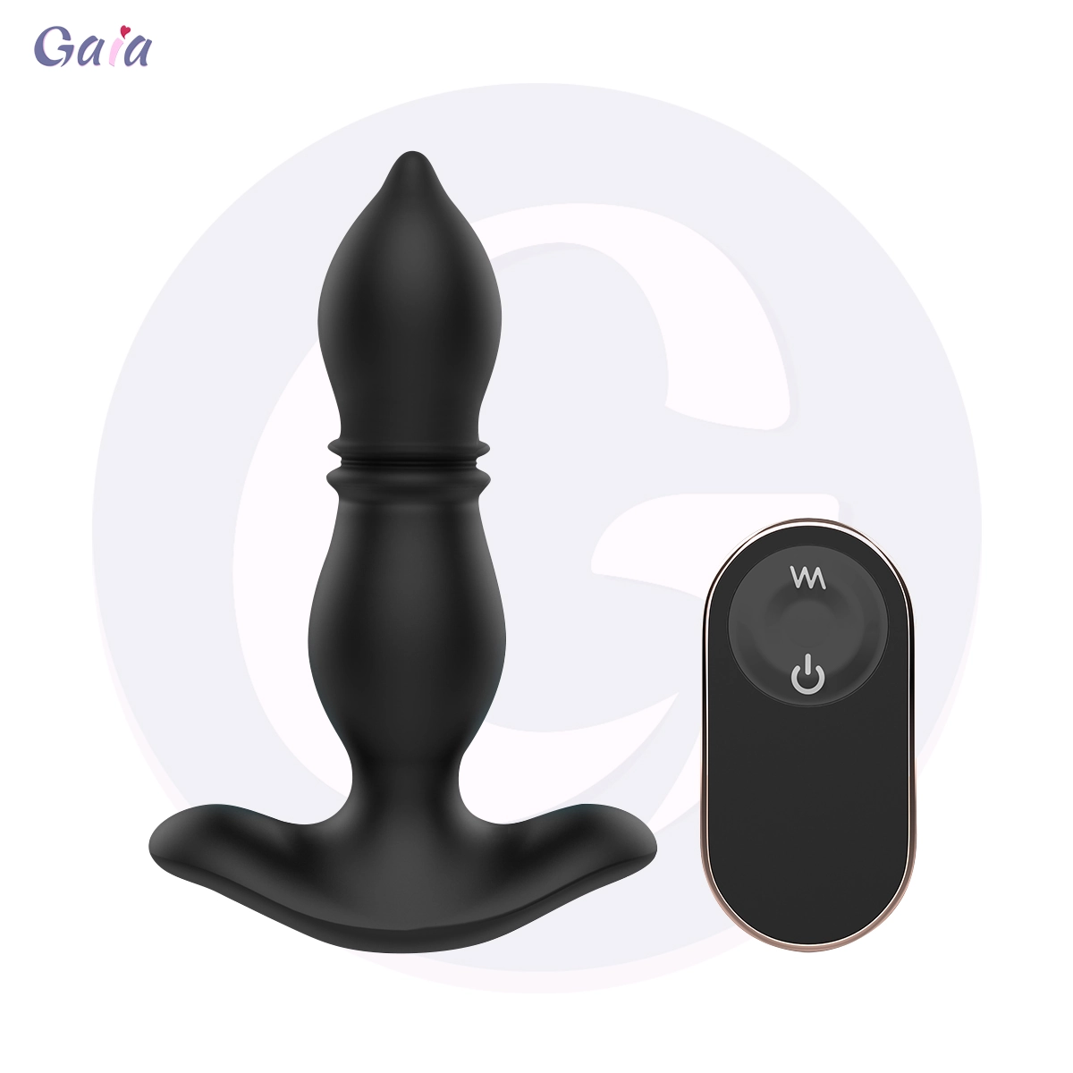 GA2031 vibrating silicone butt plug with flared base and remote control, black, front view