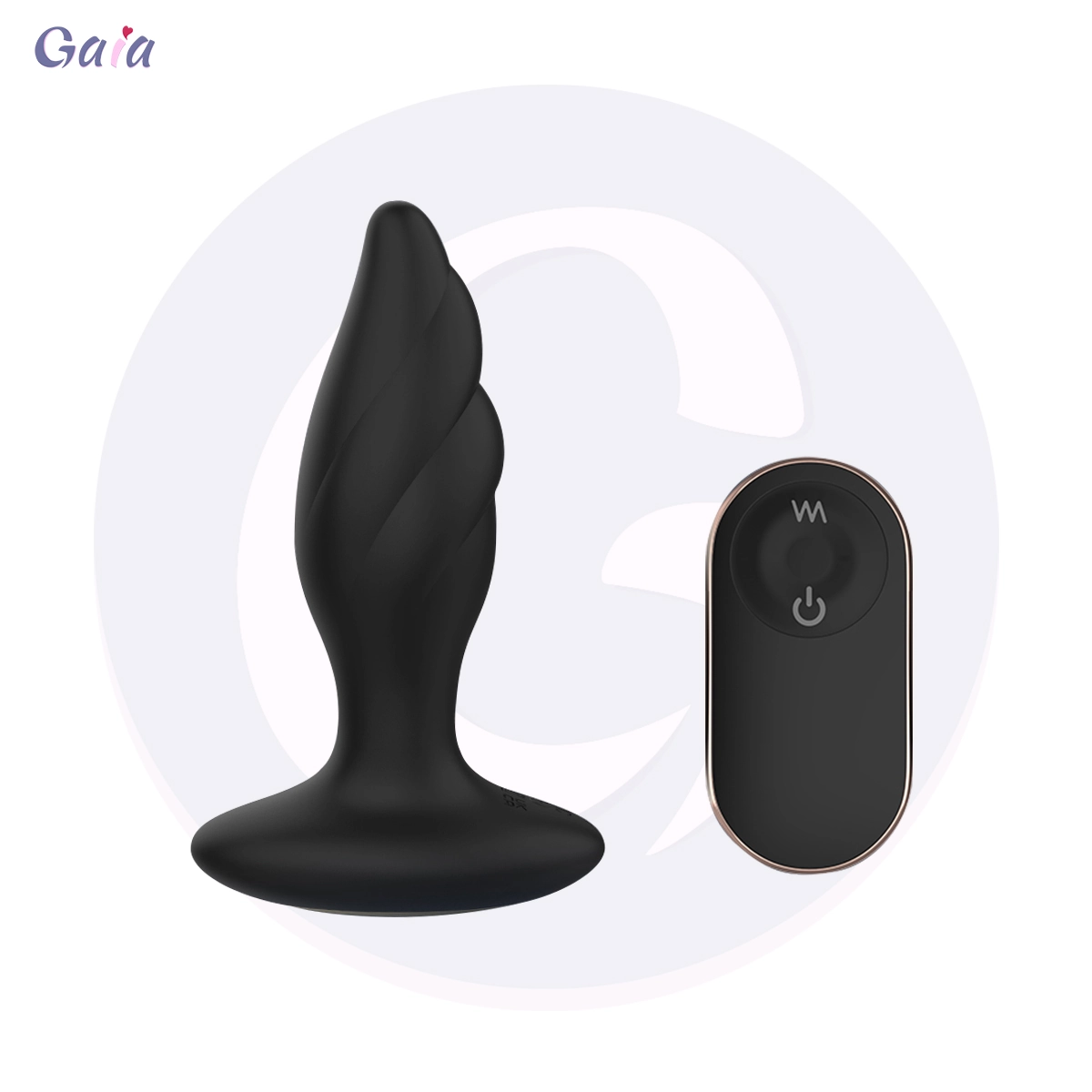 GA2032 vibrating silicone butt plug with spiral tip, flared base and remote control, black, front view