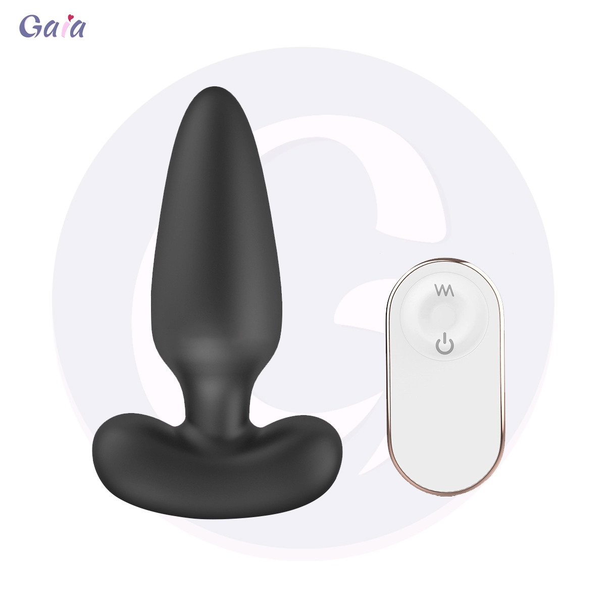 GA2036 vibrating silicone butt plug with remote control and flared base, black, front view