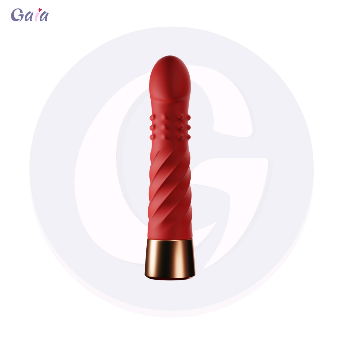 GB3048 red bullet vibrator with spiral-textured shaft and gold-tone base, front view.