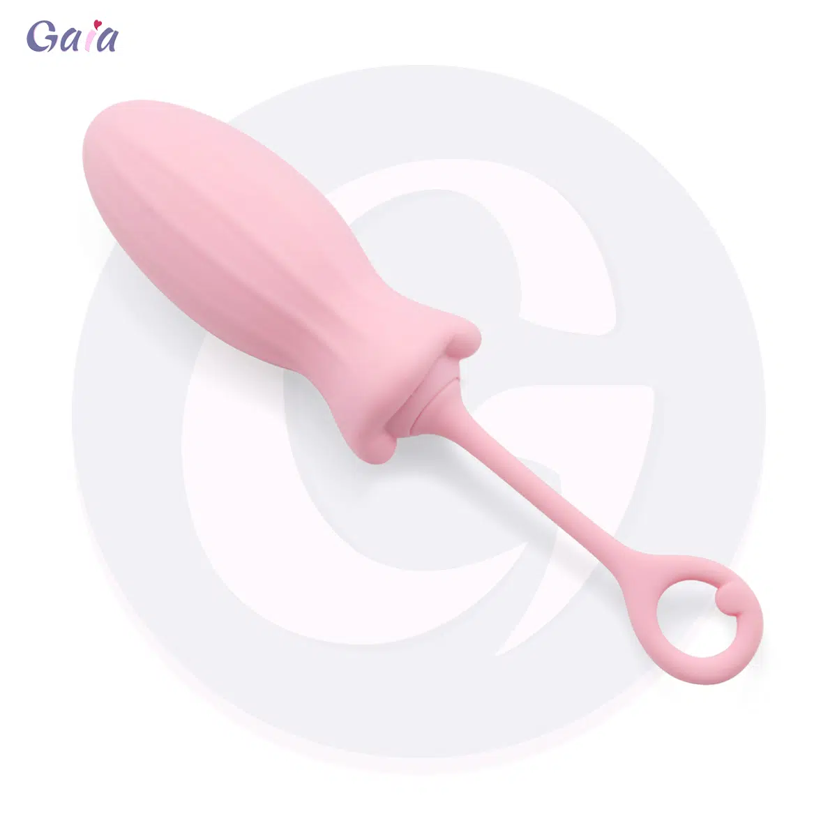 GE3017 pink kegel training vibrator kegel exerciser with tapered tip and ring handle, angled view