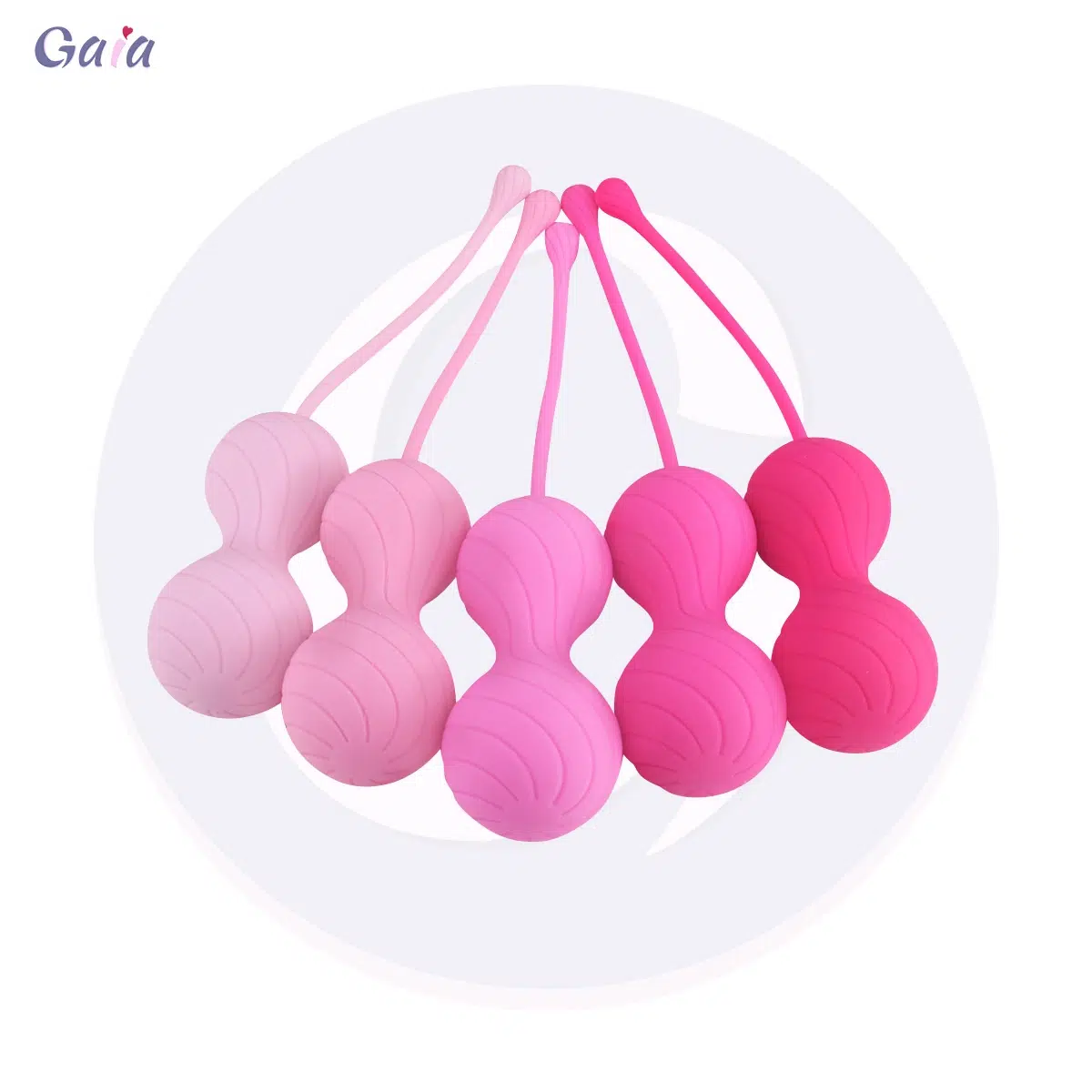 Juego de bolas vaginales Gaia in Love GK2086 (bolas Ben Wa / Kegel), entrenadores del suelo pélvico de varios pesos con colas fáciles de quitar.