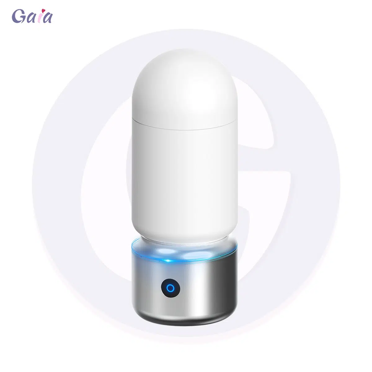 Copa masturbadora automática con funda blanca y base metálica con motor, control con un solo botón y anillo LED azul (Gaia).