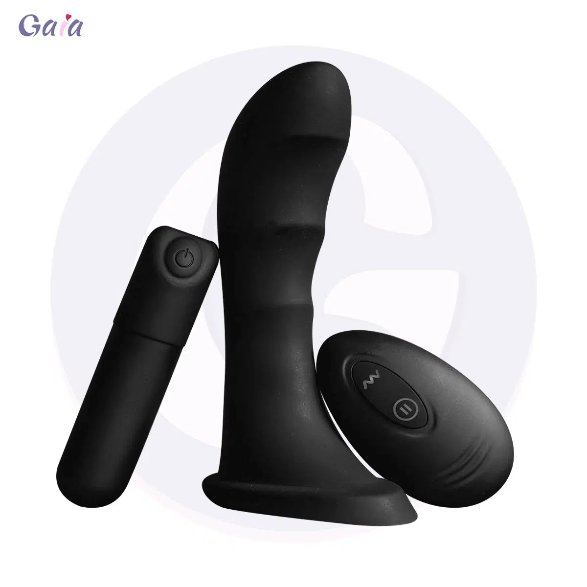 GP1117 black vibrating prostate massager with flared base, wireless remote control and bullet vibrator.