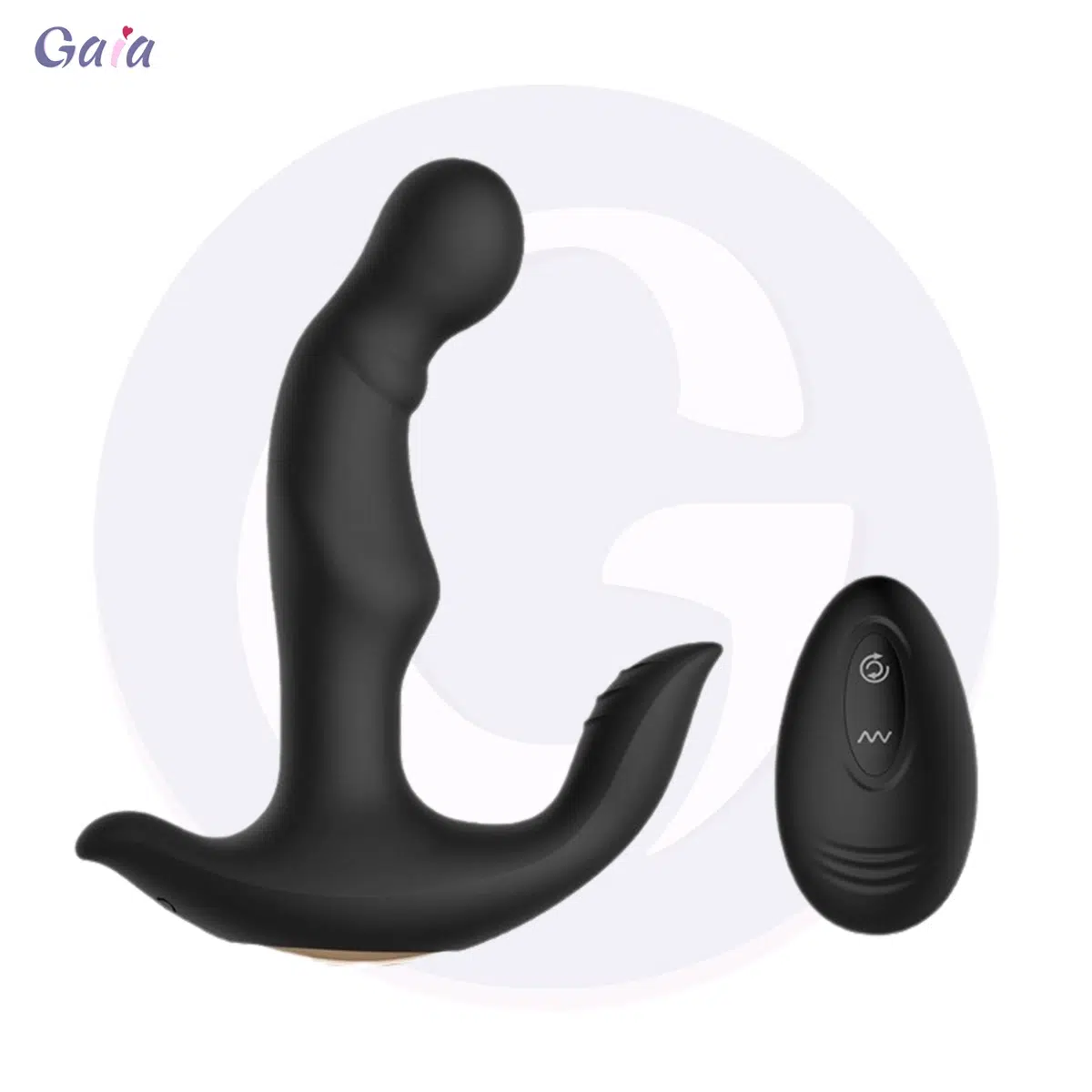 GP1125-2 GP1125 black vibrating prostate massager with flared base, shown with wireless remote control.