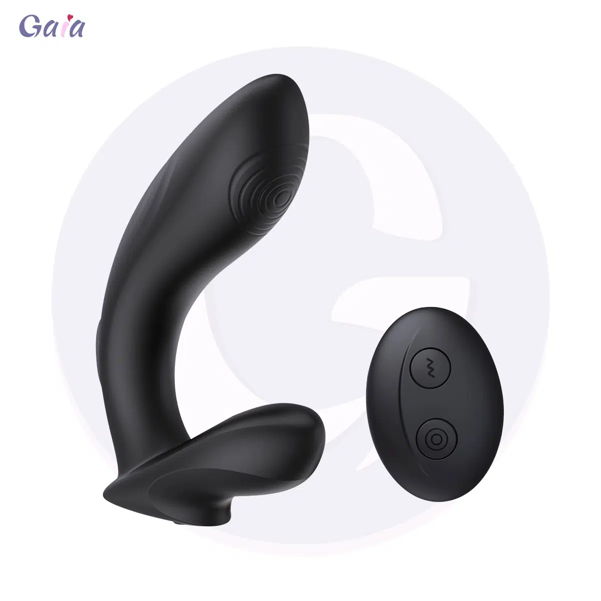 GP1126 black curved vibrating prostate massager with flared base and wireless remote control for hands-free prostate stimulation.