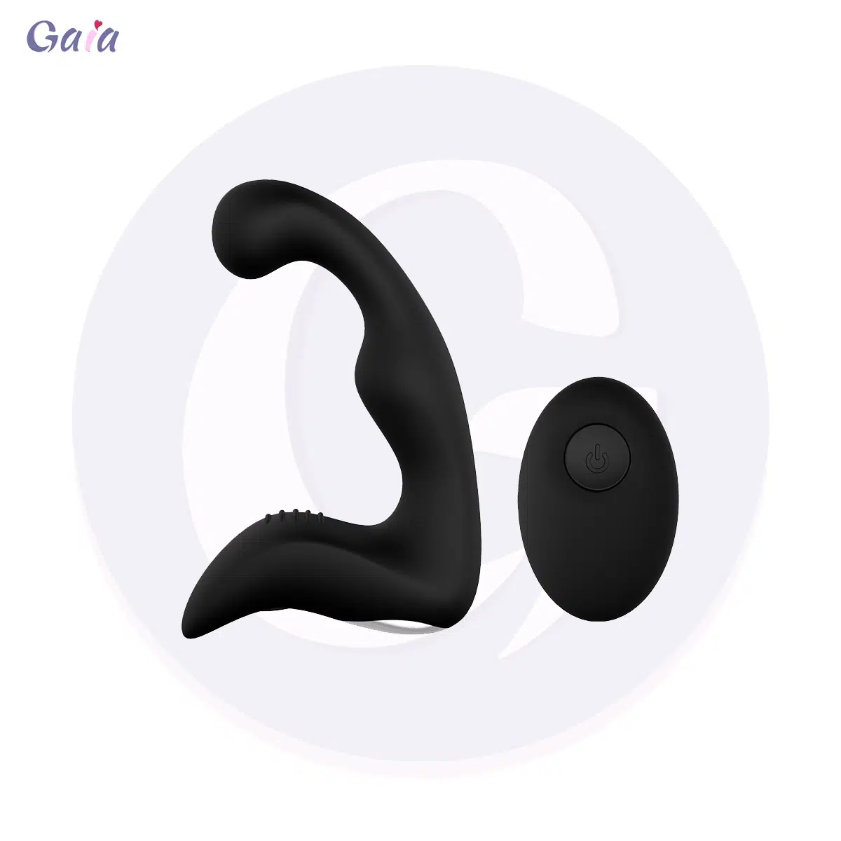 GP2034 black curved vibrating prostate massager with flared base and wireless remote control for hands-free prostate play.