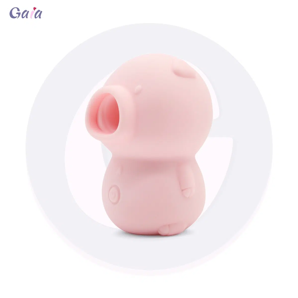 GS3027 blush pink piglet-style clitoral suction vibrator, side view showing soft snout nozzle and power button, Gaia in Love