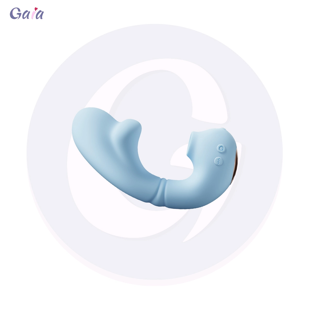 Side view of GS3047 light-blue G-spot vibrator highlighting the curved profile, rounded tip, and button controls.