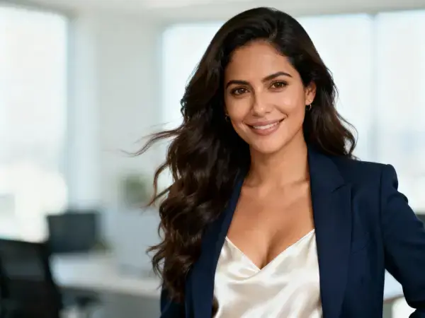 Retrato de una empresaria peruana sonriente con blazer azul en una oficina moderna.