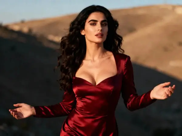 Confident Maltese businesswoman with long dark hair in a deep red dress standing outdoors, representing Gaia (Malta)’s professional B2B sex toy manufacturing contact page.