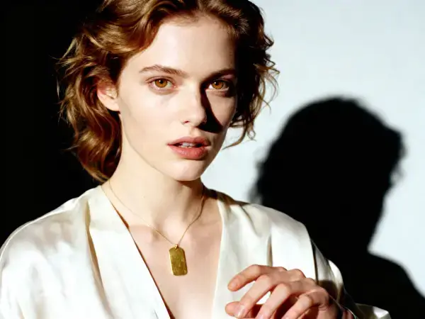 Portrait d’une jeune femme élégante portant un haut satiné clair et un pendentif doré, éclairage artistique, visuel pour Gaia Sex Tech Luxembourg.