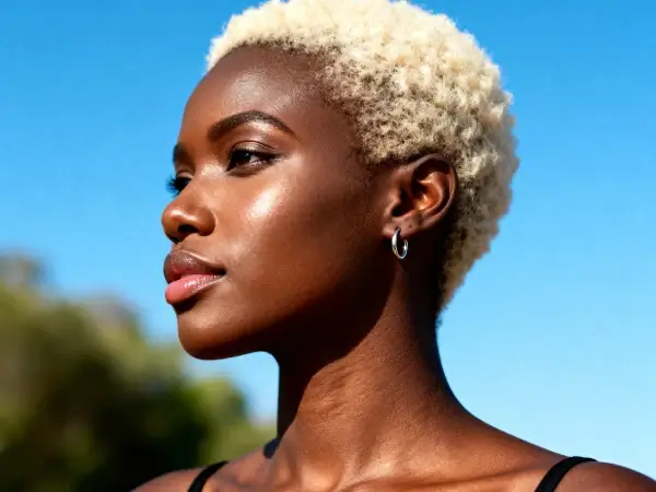 Confident young South African woman with short blonde natural hair in sunlight against blue sky – hero image for Gaia (South Africa) female pleasure-focused B2B sex toy manufacturer.