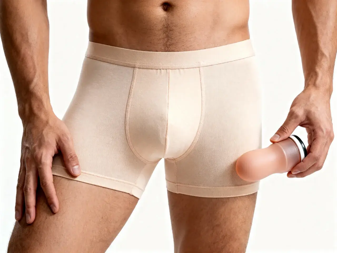 Close-up of a man in nude boxer briefs holding a realistic male masturbator, showcasing a sex toy for men.