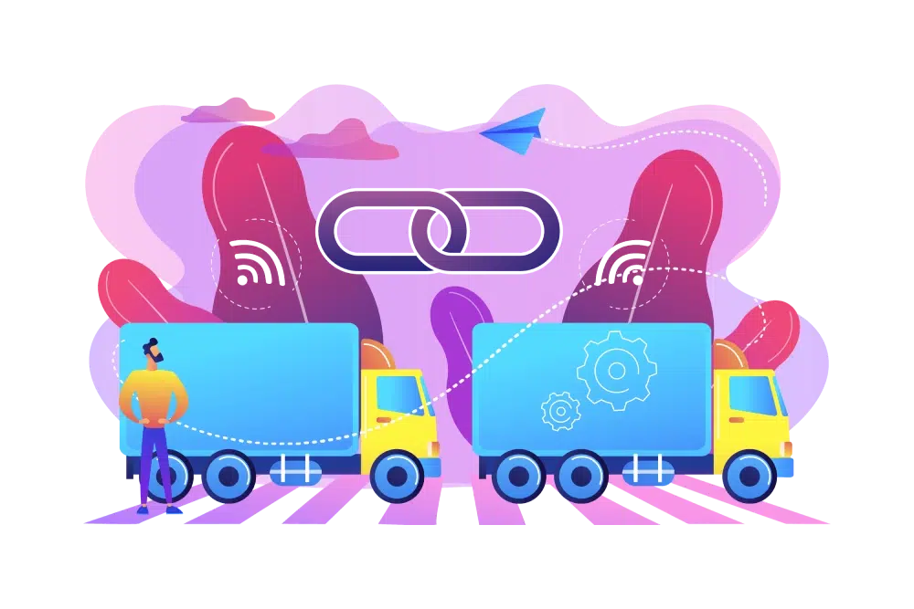 Illustration of logistics trucks with gears and a chain link, representing a supplier system and supply chain setup for an adult toy business
